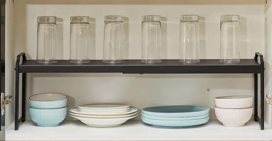 Expandable Cabinet Countertop Shelves, Stackable Shelves Organizers For Kitchen Cabinet Countertop Storage, Adjustable Counter Cupboard Pantry Organizer Shelf Rack Stand, Length:20.5" (Black)