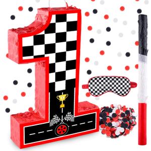 16 Inch Number 1 Race Car Pinata with 16 Inch Piata Stick Blindfold Confetti for Boy Girl Kids 1st Birthday Party Decorations(1st)