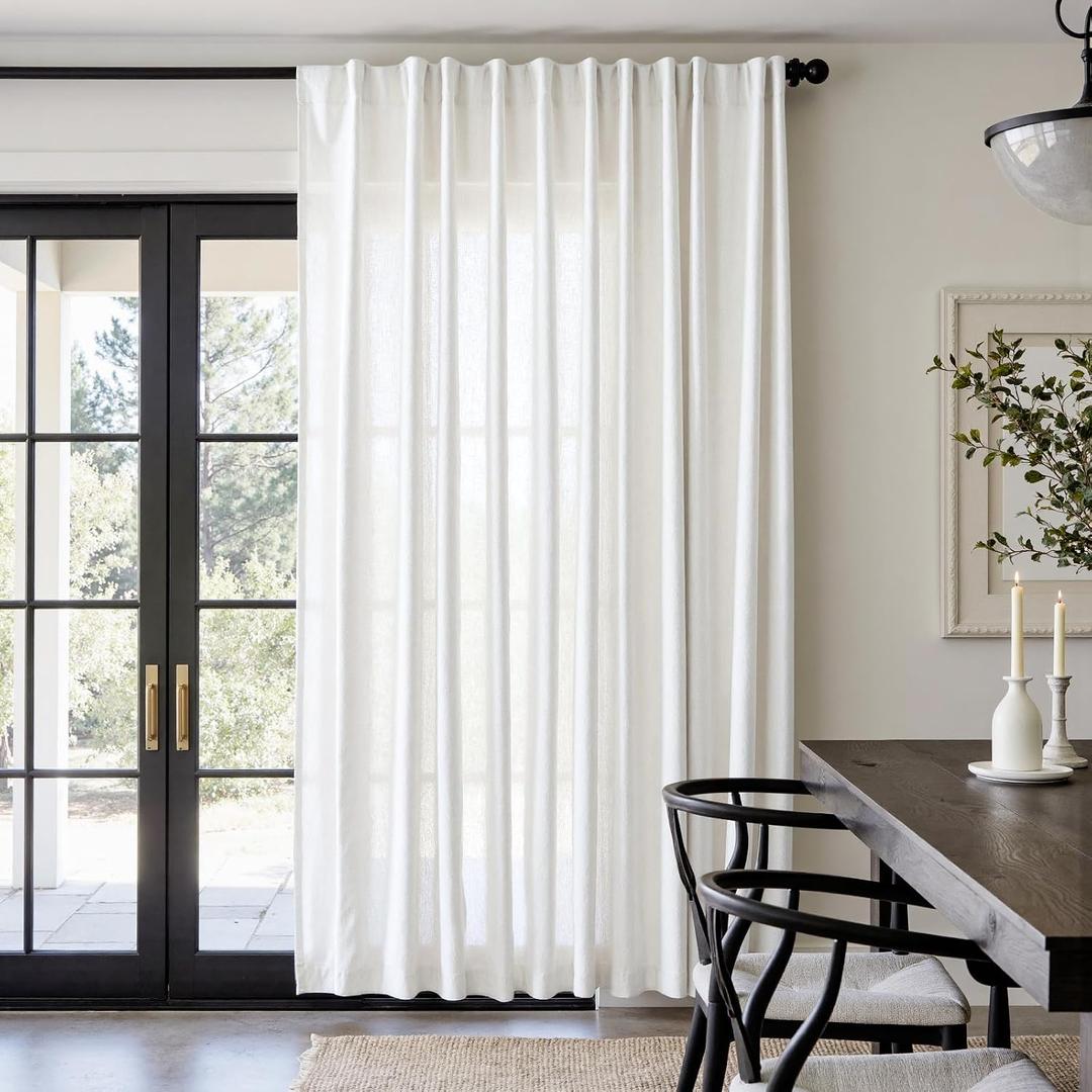 jinchan Extra Wide Sliding Door Curtain 84 Inch Length White Linen Curtains Semi Sheer Drapes for Patio Door Living Room Bedroom Home Office Light Filtering Drapes 100 Inches Wide 1 Panel
