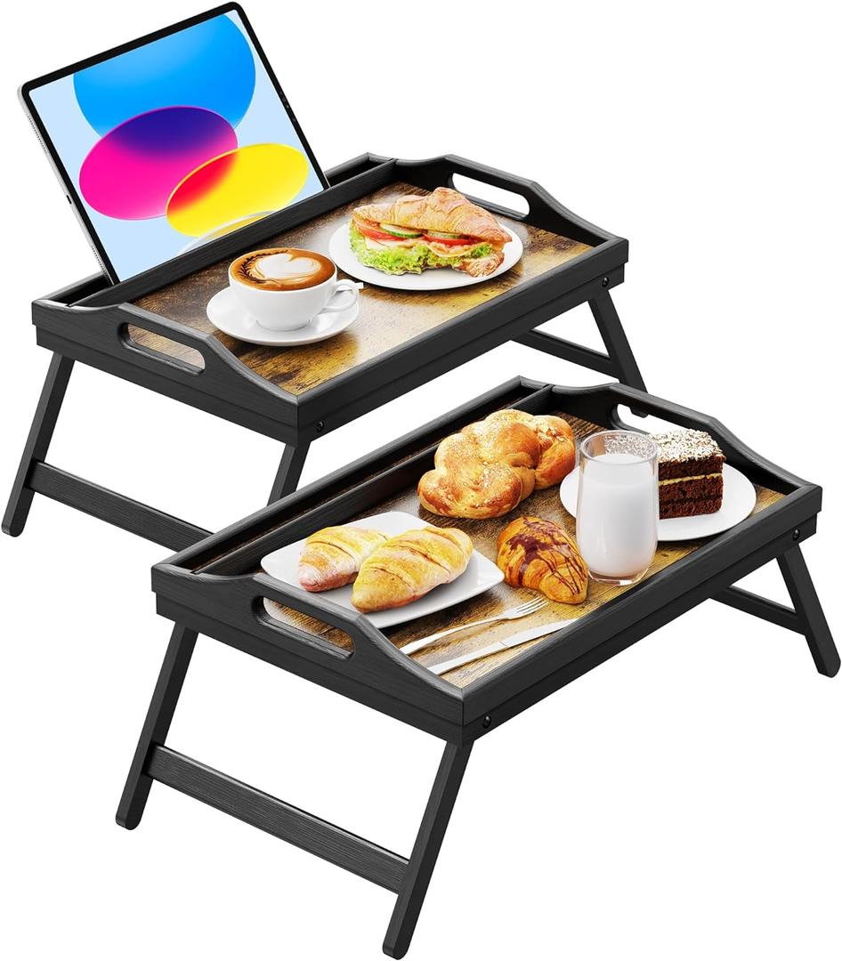 2 Pack Breakfast in Bed Tray for Eating, 16.92 x 12.6 Inch Bed Table Tray with Folding Legs & Handles, Bamboo Food Lap Trays Fits for Adult Kids Eating/TV/Surgery Recovery by Easoger. Set of 2
