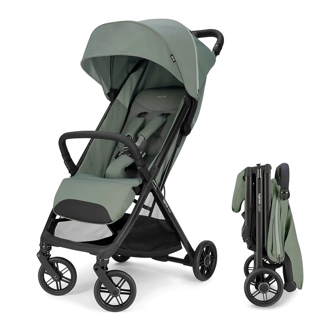 Inglesina Quid Lightweight Compact Travel Stroller for Baby & Toddler 0-55 lbs One-Hand Fold, Reclining Seat, Airline Approved, Car Seat Compatible, UPF 50+ Canopy Planet Green