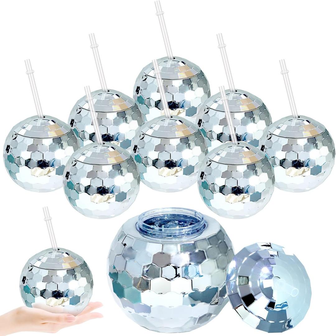 Breroa 8 Pieces 70s Disco Flash Ball Drinks Cups with Lid and Straw 20 Ounce Disco Party Cups 1970s Mirror Disco Cocktail Cups Sparkly Glitter Disco Bar Party Supplies, Silver