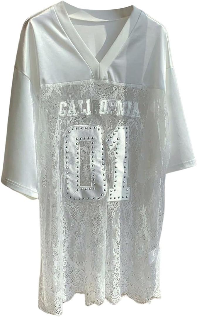 MakeMeChic Lace Jersey Shirts for Women V Neck Letter Graphic Tee Oversized Sheer Tops (White, XS)