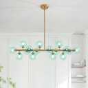 Mid Century Modern Gold Chandelier with Green Glass Rectangle Pendant Fixtures Linear Sputnik Chandeliers for Kitchen Island Dining Room Over Table, 16 Lights