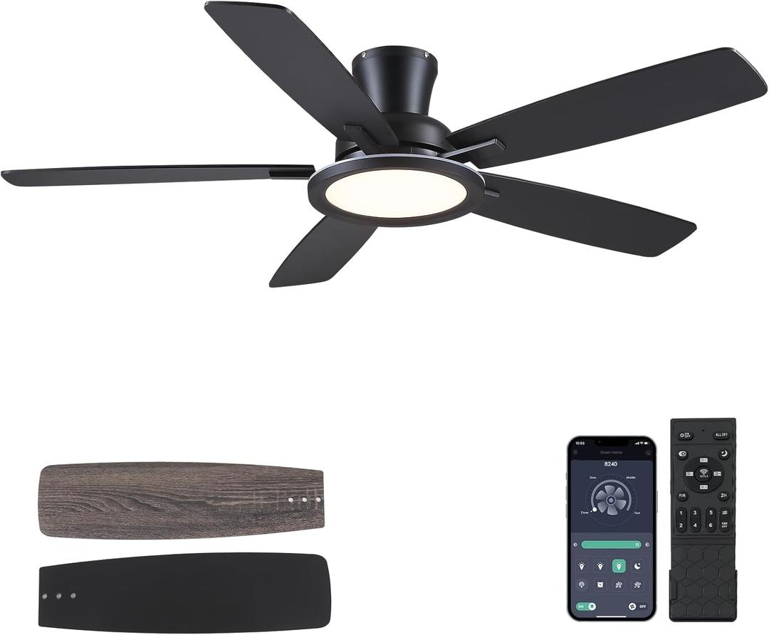 BYKISTOK 52" Flush Mount Ceiling Fan with Lights and Remote - Black Modern Ceiling Fan, Reversible and 5 Dual-Sided Blades, Low Profile Fan Light for Indoor Bedroom, Covered Patios