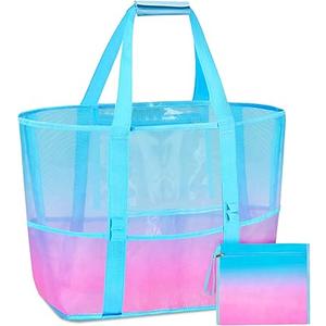 Nidoul Mesh Tote Bag with Zipper Pocket, Packable Large Beach Bags for Women Kids Vacation Travel Pool Swim