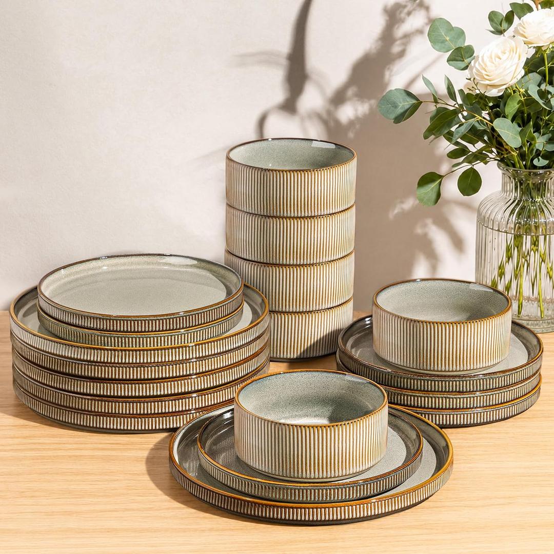 GBHOME 18-Piece Stoneware Dinnerware Set for 6 Ribbed Ceramic Plates and Bowls, Scratch-Resistant, Microwave & Dishwasher Safe, Reactive Glaze, Reactive Glaze Green Wheat