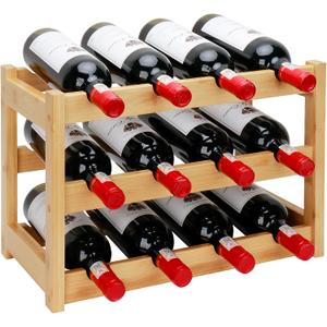 Bamboo Wine Rack, 3-Tier 12 Bottles Wine Storage Cabinet Shelf, Easy-Assembly Freestanding Bamboo Wine Racks Countertop for Kitchen Pantry Dining Room Bar, Natural