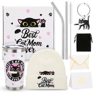 6 Pcs Cat Mom Gifts for Women Include Cute Cat Beanie 20 Oz Tumbler Greeting Cards Keychain Storage Bag Gift box for Birthdays Mother's Day Christmas (White)