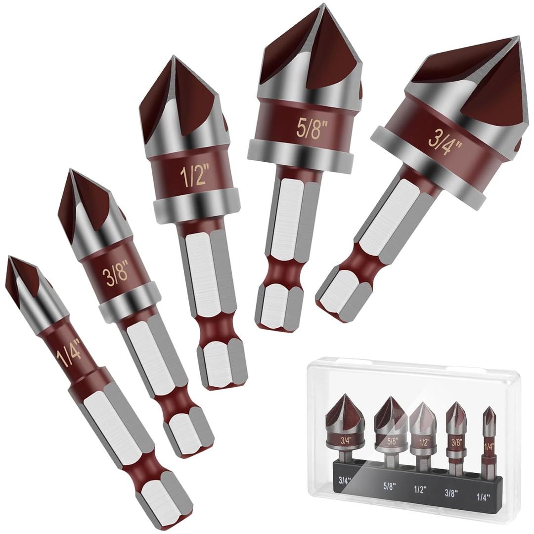 5PCS Countersink Drill Bit Set, 82 Degree HSS Counter Sink Drill Bits for Wood, Metal, Plastic, 1/4"-3/4" with 1/4" Hex Shank Countersink Bit Set
