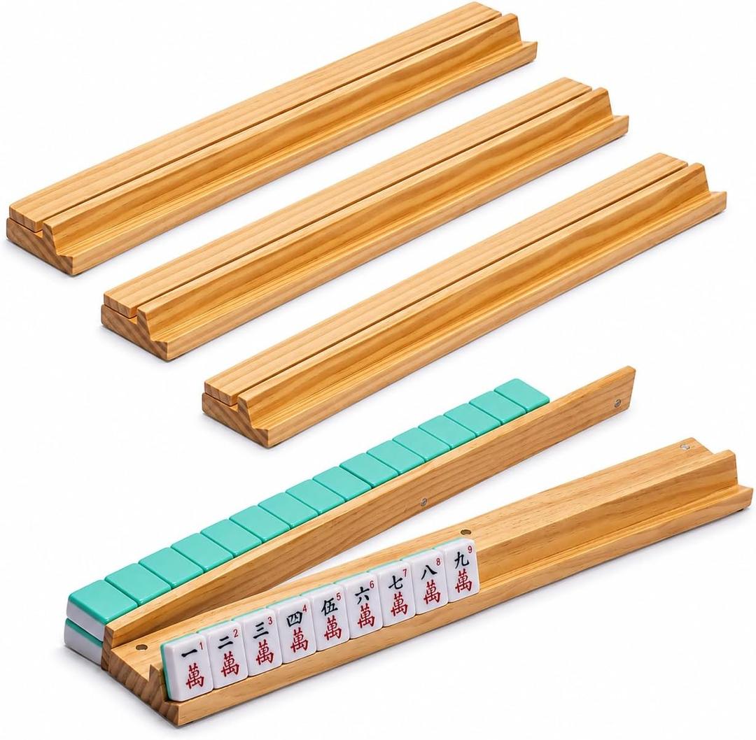 Wooden Mahjong Racks with Pushers, 4 Pack Solid Wood Mahjong Tile Holders, 17.7 Inch with 9 Built-in Magnets, Strong Grip for American Mahjong Players