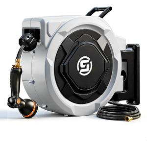 SUNPOW Retractable Garden Hose Reel - 5/8in x 100ft Heavy Duty Wall Mounted Hose Reel with 3/4in Brass Fitting & 10 Function Nozzle - Any Length Lock, Auto Rewind System, 180Swivel Bracket - Gray