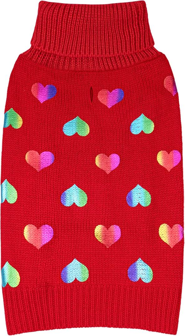 KYEESE Valentines Dog Sweater, Soft Turtleneck Dog Sweater, Comfy Dogs Coat with Leash Hole, Warm Pet Clothes with Heart Sequined Printing, Stretchy Pullover Pet Sweaters for  Dogs, L (Hearts (Red))