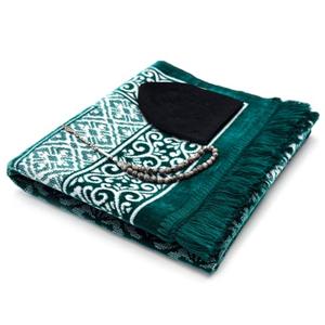 ESERRA Velvet Prayer Mat All in One Set for Islam - Thick Muslim Prayer Rug, Black Kufi Hat, Jasper Stone 33 Prayer Beads, Cotton Travel Case - Islamic Gifts (Green)