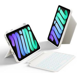 HOU Keyboard Case for iPad mini 7/6, 156 Adjustable Stand, Detachable Full Protective Case for iPad mini 7/6, 11 Shortcut Keys, 7 Color Backlight, Silicone PU, Multifunction, Bluetooth (Ivory White)