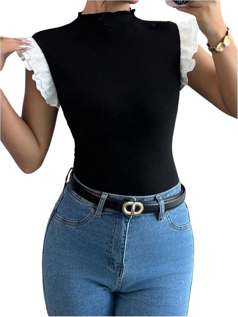 Women's Color Block Ruffle Sleeveless Tank Top Mock Neck Slim Fit Summer Shirt Gong Out Tops (S)