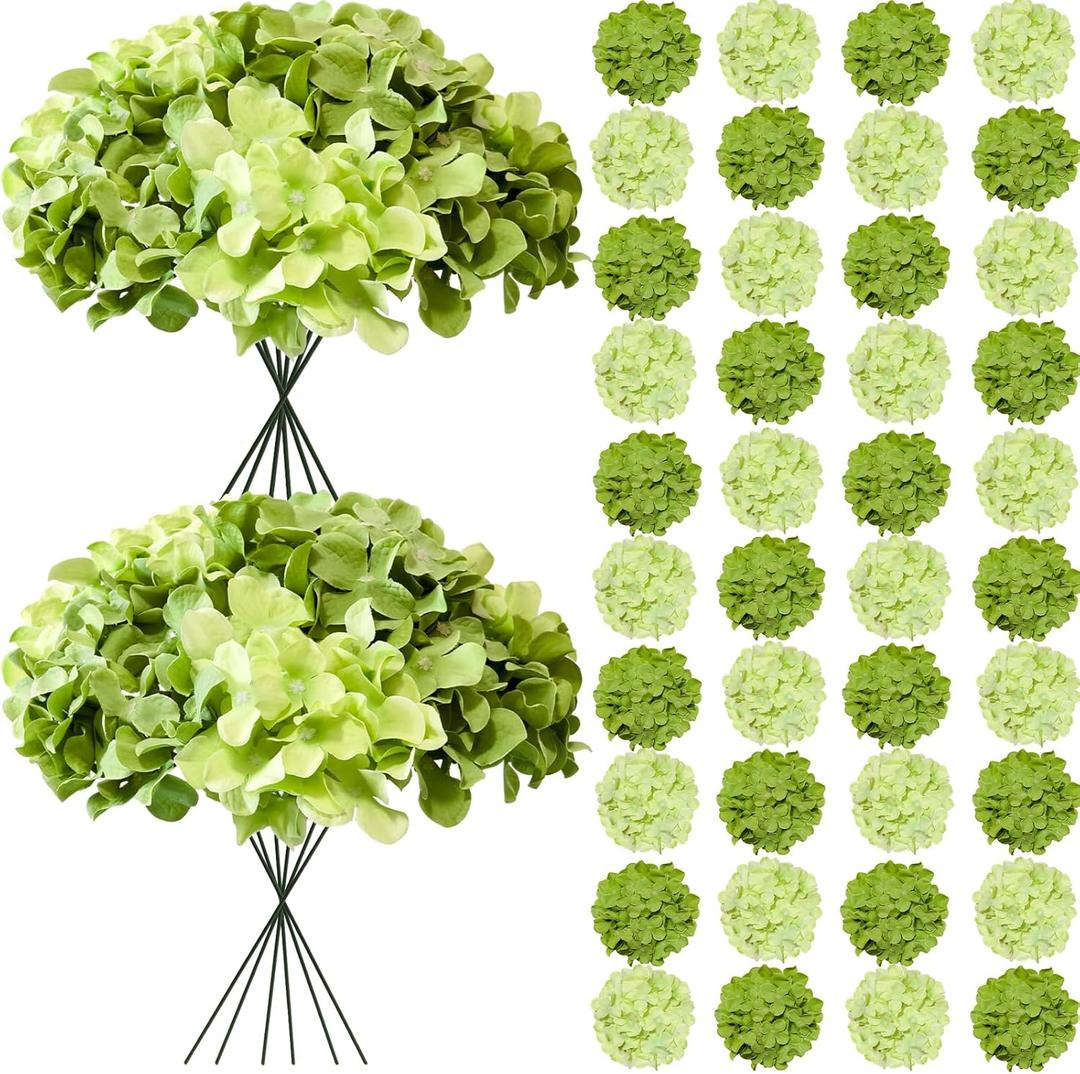 50 Pcs Faux Green Mix Hydrangea Artificial Flowers Bulk, Fake Silk Hydrangea Flowers Heads with Stems for Wedding Decorations Garden Party Baby Shower Porch Home Decor Table Centerpieces