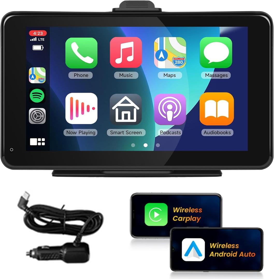Portable Wireless CarPlay Screen for Car,7inch 1080P HD IPS Touchscreen Car Stereo with Wireless Android Auto,Portable Car Radio Support HD Backup Camera,Mirror Link,Bluetooth,FM,GPS,Voice Control,AUX