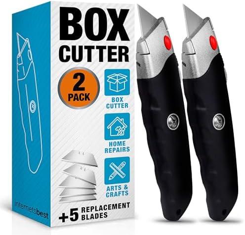 INTERNET'S BEST Premium Utility Knife Retractable Box Cutter with Rubber Handle | Heavy-Duty Cutting for Cardboard, Carpet, Plastic | Retractable Blade | Includes1 Razor Knive