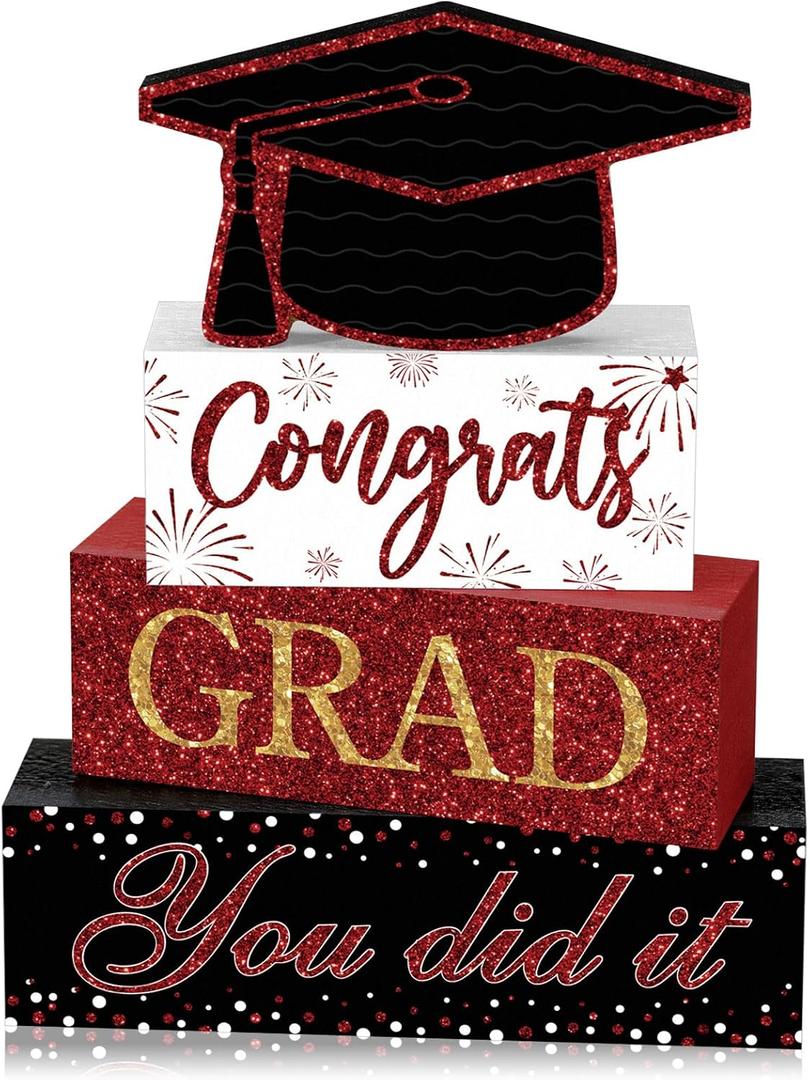 Cinnvoice 4 Pcs Graduation Table Decor 2026 Congrats Grad Centerpiece Class of 2026 Wood Sign Graduation Tiered Tray Decor Farmhouse Congratulate Gifts for Home Shelf Party Decorations(Black Maroon)