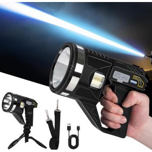 Spotlight 1000000 Lumens, 6 Modes Super Bright LED Rechargeable Spotlight Flashlight with Cob Light, Tripod, Strap, 15000mAh 18Hrs IPX7 Waterproof Spot Lights Outdoor Handheld for Boating, L