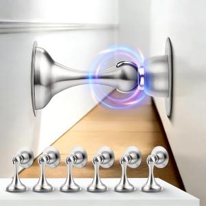 Probrico Brushed Nickel Magnetic Door Stoppers for Bottom of Door, Stainless Steel Magnet Door Catch Door Stops to Keep Door Open, Heavy Duty Door Holder, Wall and Floor Mounting, 6 Pack