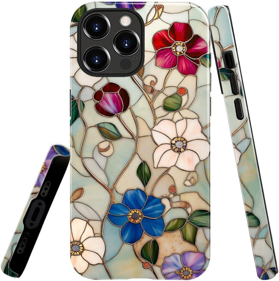 Compatible with iPhone 14 Pro Max Case,Glossy Case All-Round Protection Shockproof Anti-Scratches TPU Cover,Cases for Man Woman-Vintage Enchanting Flower Stained Glass