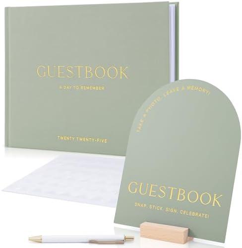Beautiful Wedding Guest Book Set With Personalized 2025 Year for Your Wedding Reception – Elegant Polaroid Photo Guestbook w Linen Cover, Sign, Luxury Pen & Adhesive Photo Corners to Capture Memories