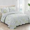 Brilliant Sunshine Multi Blue and Beige Floral Patchwork, 3-Piece Quilt Set with 2 Shams, Reversible Bedspread, Soft Lightweight Coverlet, All-Season, Full/Queen, Blue White (Quilt Set Queen)