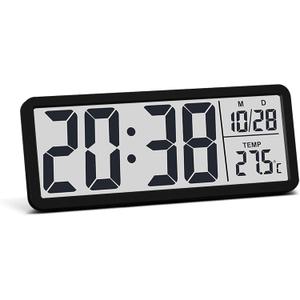 JoFomp LCD Digital Wall Clocks Battery Operated, 8.5" Modern Wall Clocks for Living Room Decor, Simple Digital Wall Clock with Temperature/Date/Time - 12/24H, Small Desk Clock for Bedroom Office (Black)