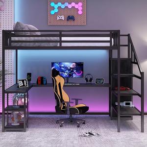 Queen Size Loft Bed L-shaped Desk USB Metal Loft Bed Wardrobe High Loft Bed LED