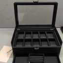 Vlando Watch Box 10 Slots, Lockable Watch Case with Textured Leather, 2 Layer Watch Holder for Rings, Glasses, Mens Jewelry Box with Glass Lid, Removable Divider, Gifts for Father, Husband, Black