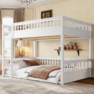 Bellemave Queen Over Queen Bunk Bed for Kids/Adults,Floor Bunk Beds with Inclined Ladder,Solid Wood Low Bunk Bed for Teens,Girls,Boys, Detachable,White