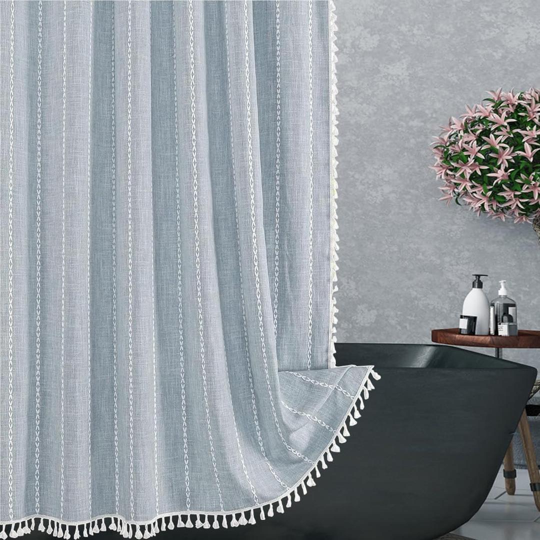 Colorigan Boho Farmhouse Shower Curtain - 72x84 Inches Soft Fabric Shower Curtain Set with Tassel, Water Repellent Cloth, Modern Bohemian Chic Country Bathroom Shower Curtains (Blue)