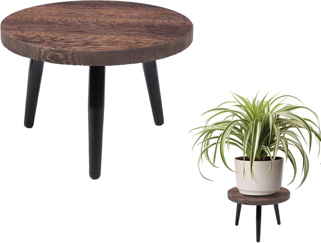 8" Plant Stand, Small Floor Indoor Plant Stand, Mid Century Wood Planter Stand with Metal Legs, Round Modern Plant Stool for Indoor Outdoor Flower Pots, Brown