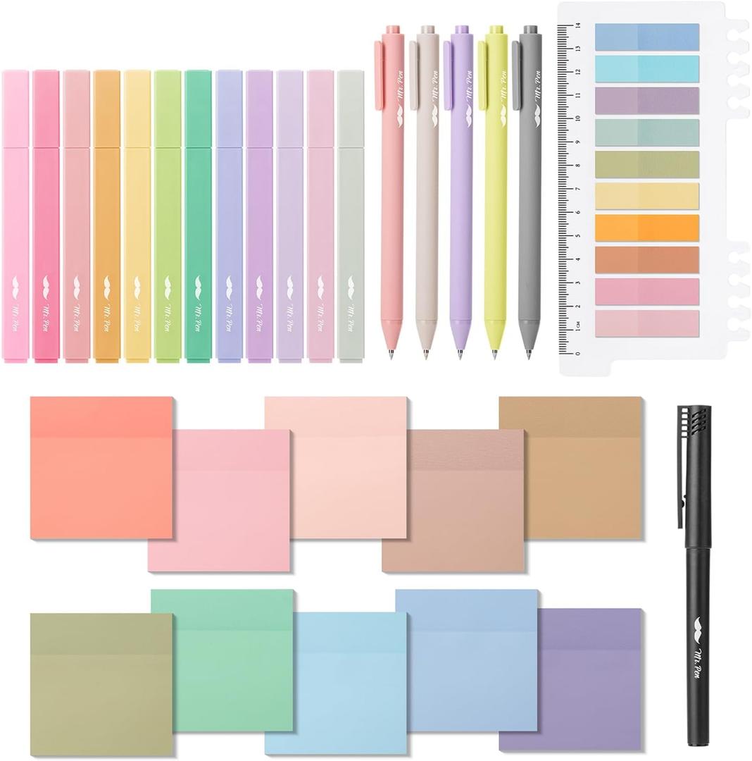 Mr. Pen- Aesthetic Book Annotation Kit, 38 pcs, Aesthetic Highlighters and Gel Pens, Transparent Sticky Notes, Transparent Sticky Tabs for Books, No Bleed Highlighters for Bible Pages No Bleed (Soft Delight)