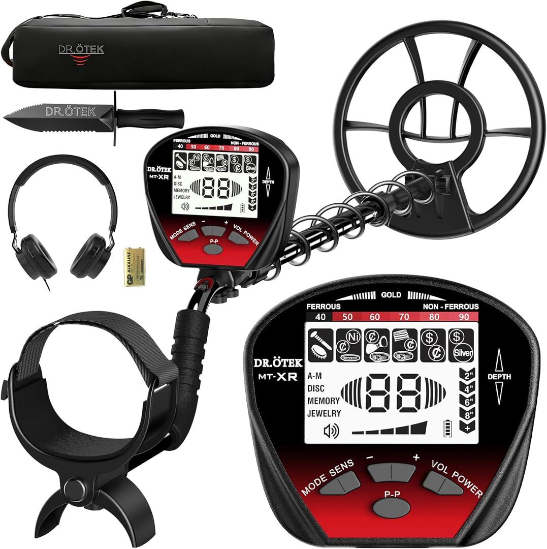 DR.TEK Metal Detector for Adults, Professional Metal Detectors Waterproof with 10" IP68 Coil, Larger LCD Display, High Accuracy for Gold & Silver Detection & Beach Treasure Hunting, Beginner Friendly (Red)