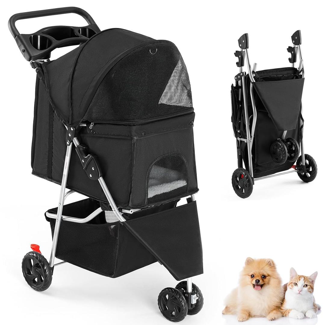 DUMOS 3 Wheels Pet Stroller for Small Dogs and Cats | Foldable Dog Stroller with Mesh Windows, Storage Basket & Cup Holder, Lightweight & Durable Pet Carrier for Travel, Black