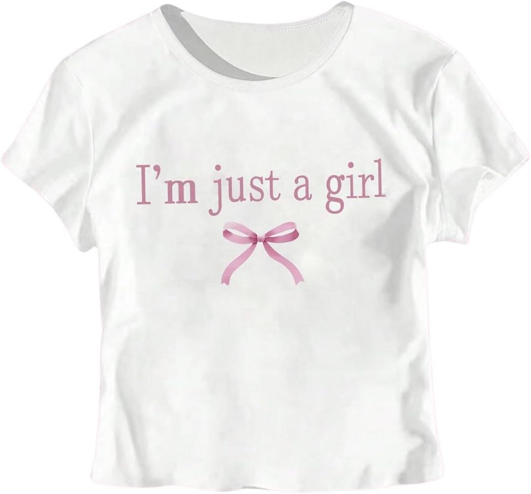 RoseSeek Girl's Graphic Tee Crew Neck Letter Bow Print Crop Tops Casual Cute Short Sleeve T Shirt, 14 Years