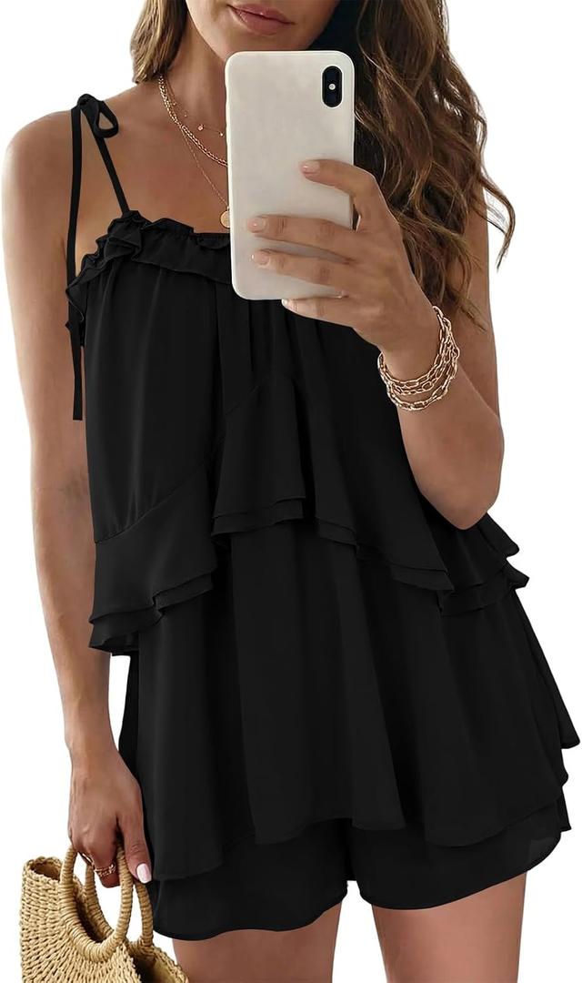 Wenrine Womens Summer Romper Dress Chiffon Spaghetti Strap Sleeveless Ruffle Tiered Short Jumpsuits Beach Vacation Rompers (Black, S)
