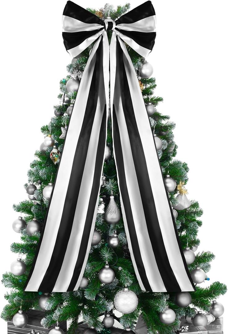 16 x 46 Inch Christmas Tree Topper Extra Large Black and White Striped Christmas Bow Giant Coquette Bow Gift Decor for Xmas Tree Wreath Wall Birthday Wedding Holiday Party Decorations