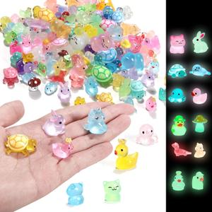 100PCs Mini Resin Animals, Mini Ducks Unicorns Rabbits Dolphin Frog Dinosaur Cat Luminous Animals Glow in The Dark to Hide Around The Office Home for DIY Garden Dollhouse Combination
