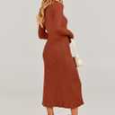ANRABESS Womens Long Sleeve Fall Dress 2025 V Neck A-line Tie Waist Ribbed Knit Bodycon Midi Sweater Dresses Rust Small