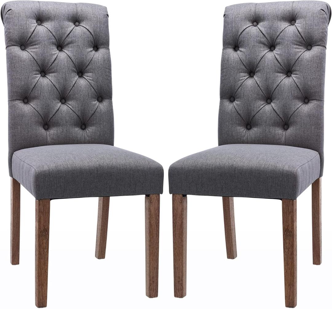 COLAMY Button Tufted Dining Chairs Set of 2, Parsons Upholstered Fabric Dining Room Chairs Kitchen Chairs with Wood Legs and Padded Seat, Dark Grey
