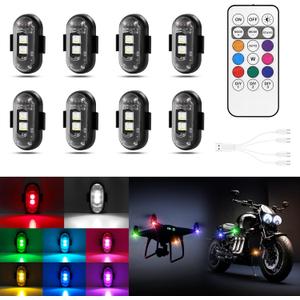 Wireless LED Lights for Car 8PCS with Remote Control, Wireless LED Strobe Lights 8 Colors USB Charge IP65 Waterproof Anti-Collision for Car Motorcycle Drone RC Aircraft Bike, Black