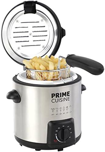 Prime Cuisine 1 Liter Electric Deep Fryer with Temperature Control, User Friendly Stainless Steel Fry Basket, Auto Shut Off Feature,Free, Stainless Steel and Black