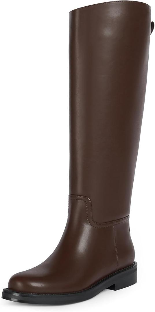 QIY Flat Boots For Women No Heel Brown Faux Leather Chunky Heels Knee High Boots For Women Dressy Low Heel Slip On Round Toe Shoes Chocolate Brown Brown Tall Long Winter Boot Size 11
