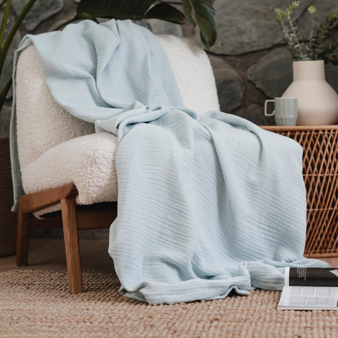 Goqan Throw Blanket 55x60 – 100% Turkish Cotton 4 Layer Boho Muslin Blanket for Adults, Four Season Blanket Lightweight and Thin, Soft, Breathable for Bed, Couch, Picnic - Aqua Green