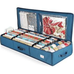 Hearth & Harbor Wrapping Paper Storage Container  Christmas Storage Bag with Interior Pockets  Gift Wrap Organizer Fits Up to 22 Rolls of 40"  Tear Proof, Blue