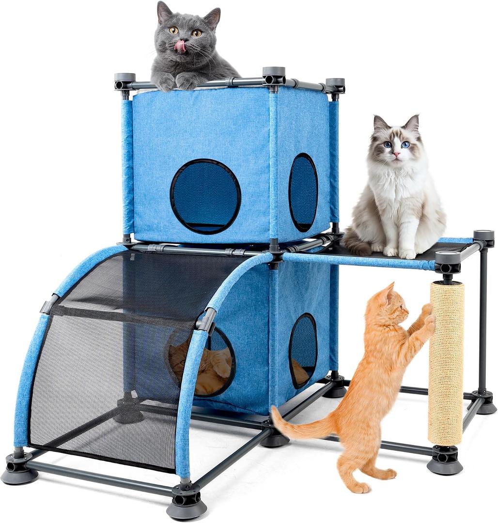 Large Cat Hamock Bed with Scratching Post Multi-Level Cat Tree with House Condos & Ladder for Indoor/Outdoor Use+Blue/Two-Tier